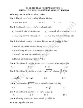 Bộ đề trắc nghiệm Giải tích 12 - Ứng dụng đạo hàm để khảo sát hàm số - Nguyễn Hữu Trần